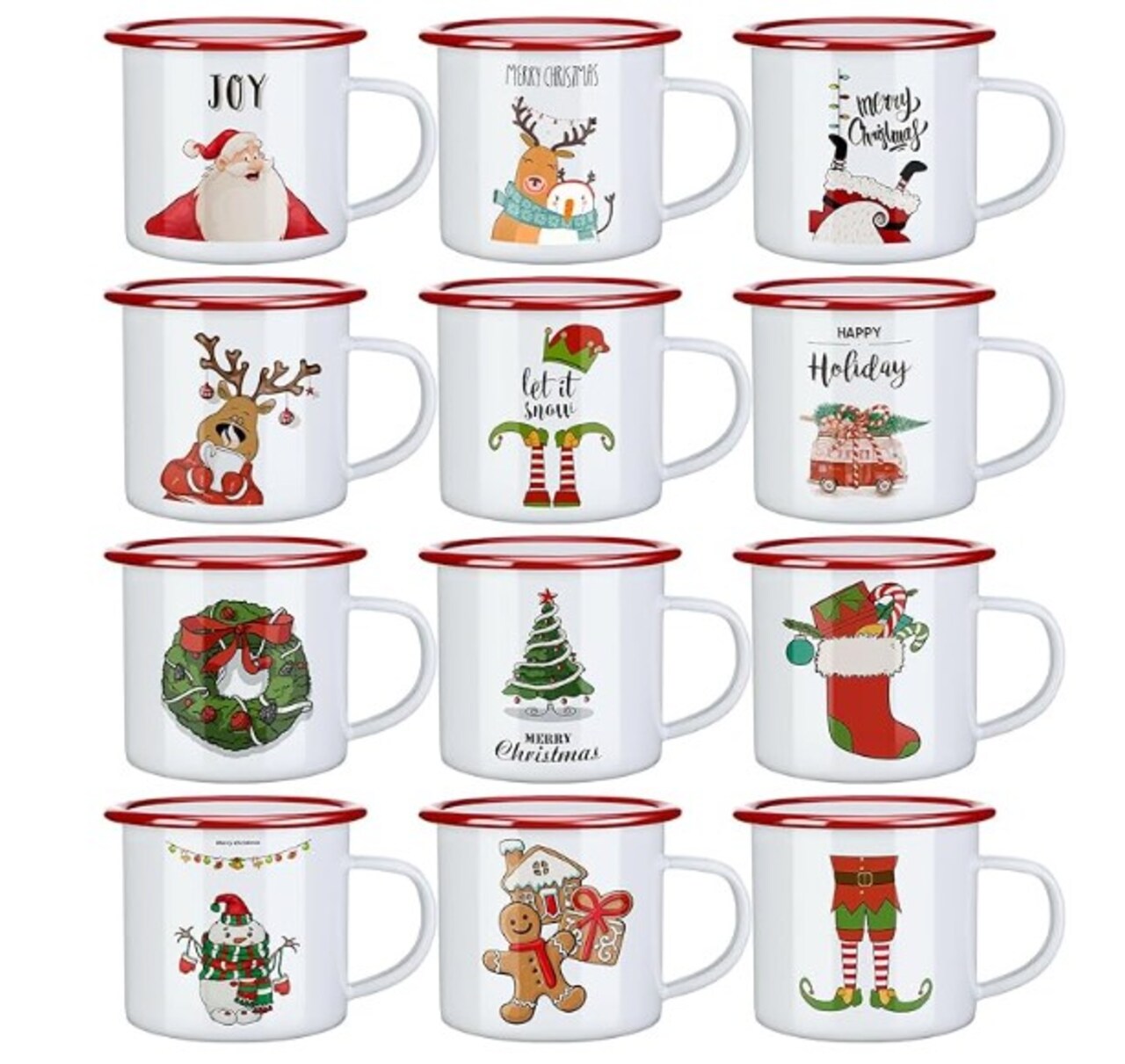 Christmas Coffee Mugs Set of 12 Enamel Mugs 12 oz Christmas Holiday Coffee Cups Outdoor Camping Mug Cup Gifts for Friends Kitchen Decoration (Classic Style) Merry Christmas